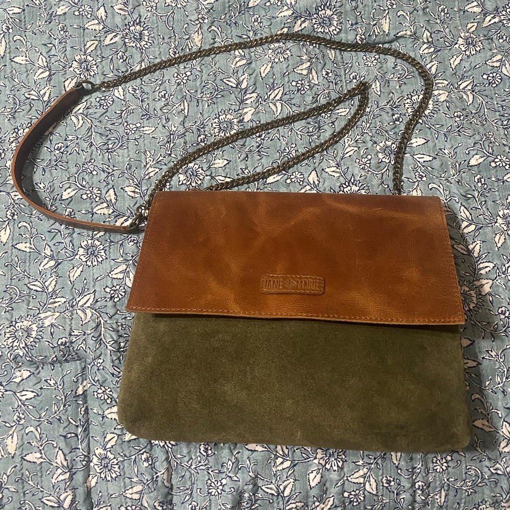 Two-Tone Brown Leather & Olive Suede Crossbody Bag